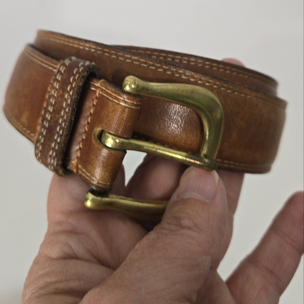 Sz 34 Coach Men's Brown Leather Belt with Brass Buckle